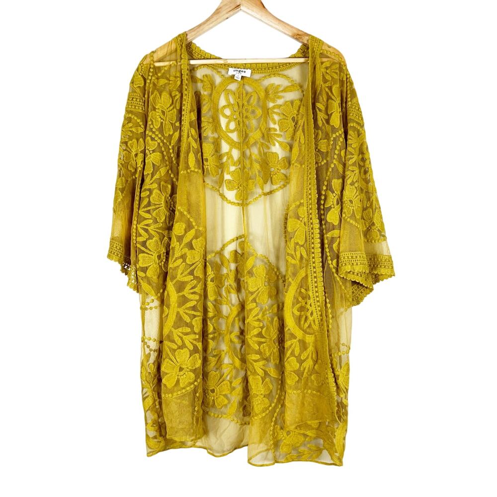 Umgee Kimono Cardigan Womens S Mustard Yellow Floral Embroidered Cottagecore